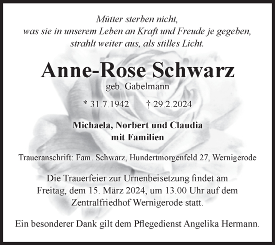 Traueranzeige von Anne-Rose Schwarz von Volksstimme Wernigerode