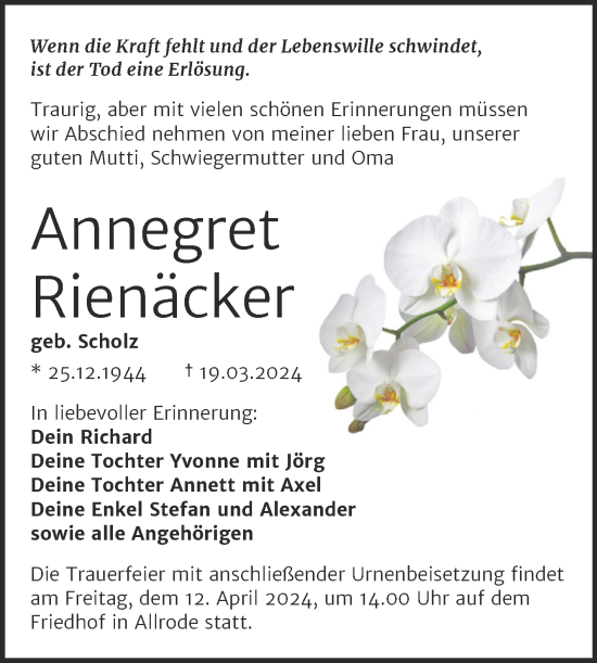 Traueranzeige von Annegret Rienäcker von Trauerkombi Quedlinburg