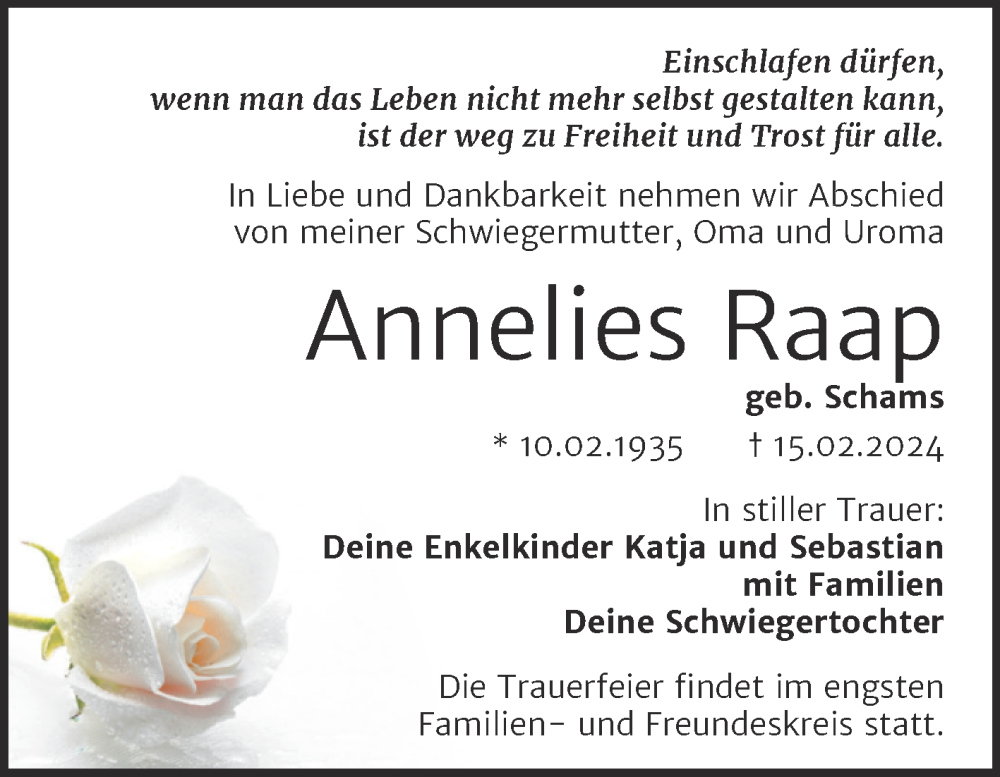  Traueranzeige für Annelies Raap vom 02.03.2024 aus Trauerkombi Mansfelder Land