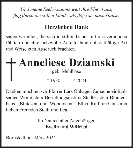 Traueranzeige von Anneliese Dziamski von Volksstimme Haldensleben/Wolmirstedt