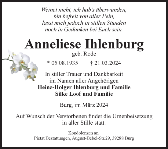 Traueranzeige von Anneliese Ihlenburg von Volksstimme Oschersleben/Wanzleben