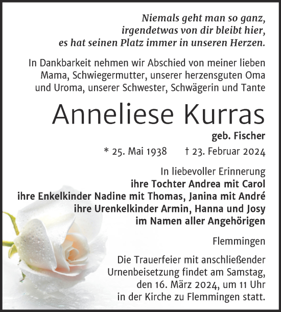 Traueranzeige von Anneliese Kurras von Naumburger Tageblatt