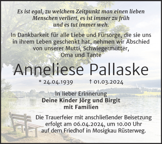 Traueranzeige von Anneliese Pallaske von Trauerkombi Dessau