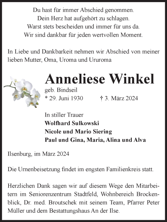Traueranzeige von Anneliese Winkel von Volksstimme Wernigerode