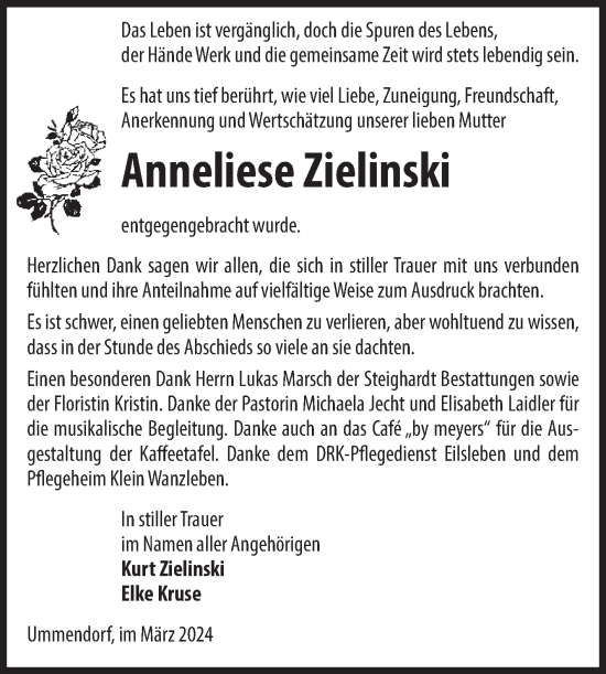 Traueranzeige von Anneliese Zielinski von Volksstimme Oschersleben/Wanzleben