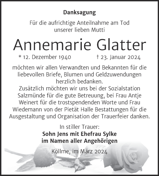Traueranzeige von Annemarie Glatter von Mitteldeutsche Zeitung Halle/Saalkreis