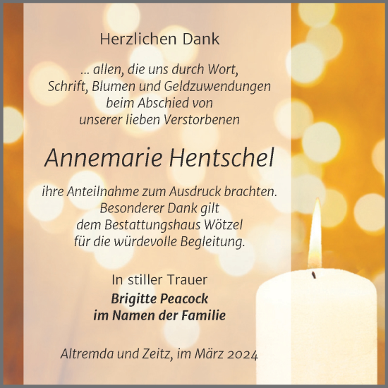 Traueranzeige von Annemarie Hentschel von Trauerkombi Zeitz