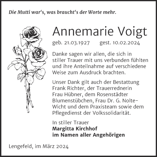 Traueranzeige von Annemarie Voigt von Trauerkombi Sangerhausen