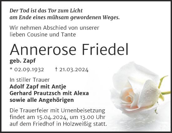 Traueranzeige von Annerose Friedel von Trauerkombi Bitterfeld