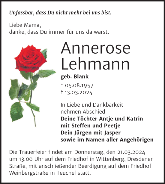 Traueranzeige von Annerose Lehmann 