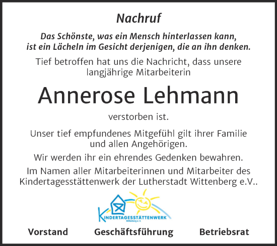 Traueranzeige von Annerose Lehmann von Super Sonntag Wittenberg