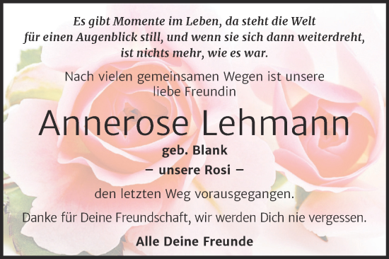 Traueranzeige von Annerose Lehmann von Trauerkombi Wittenberg