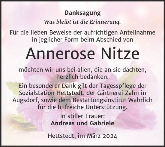 Traueranzeige von Annerose Nitze von Trauerkombi Mansfelder Land