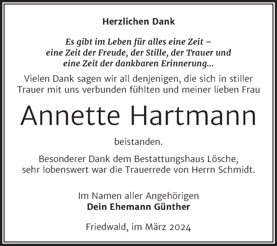 Traueranzeige von Annette Hartmann von Trauerkombi Wittenberg