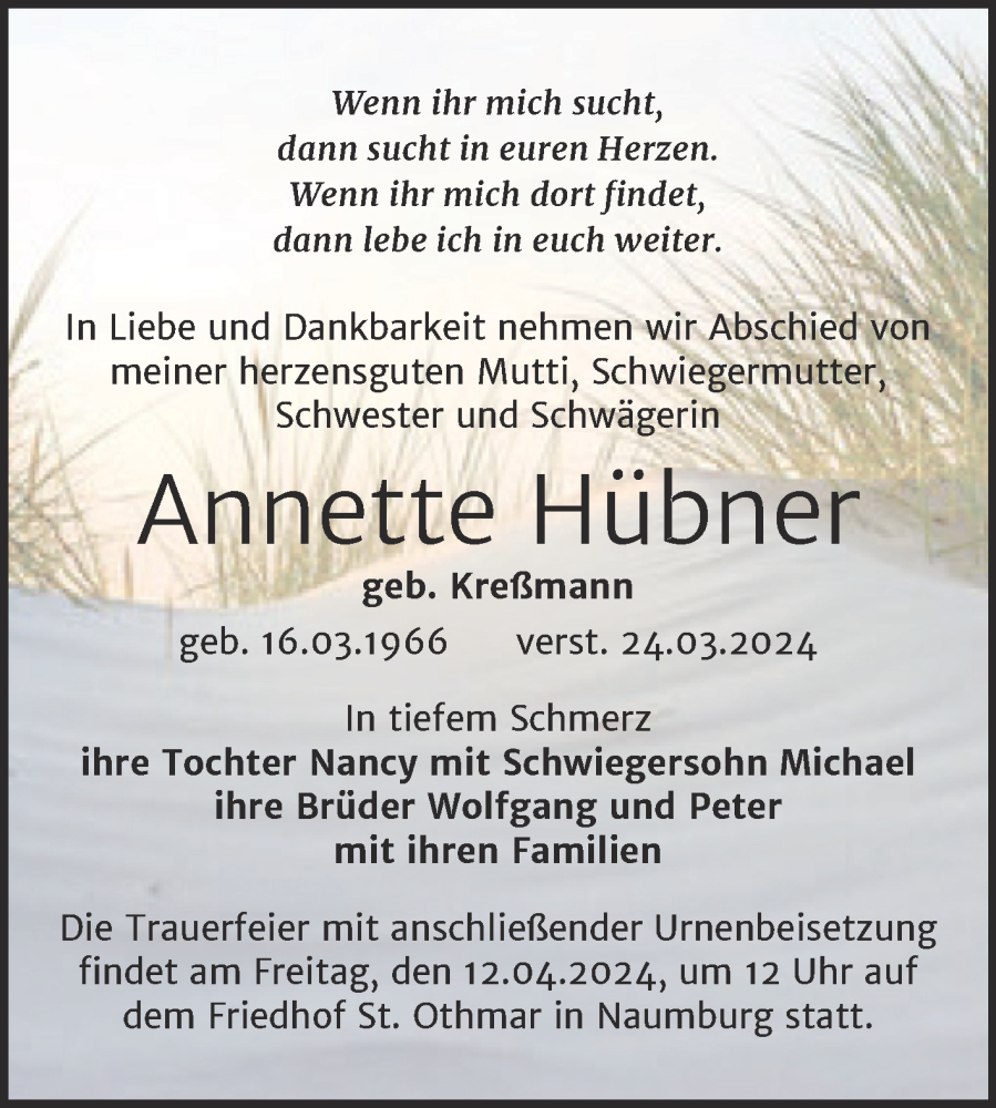  Traueranzeige für Annette Hübner vom 30.03.2024 aus Naumburger Tageblatt