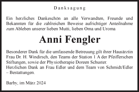 Traueranzeige von Anni Fengler von Volksstimme Schönebeck