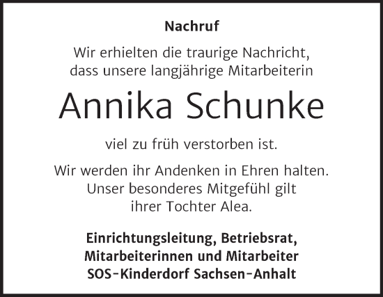 Traueranzeige von Annika Schunke von Super Sonntag Bernburg