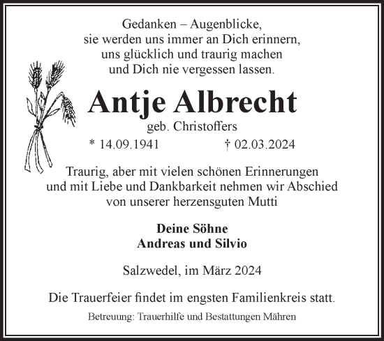 Traueranzeige von Antje Albrecht von Volksstimme Altmark West