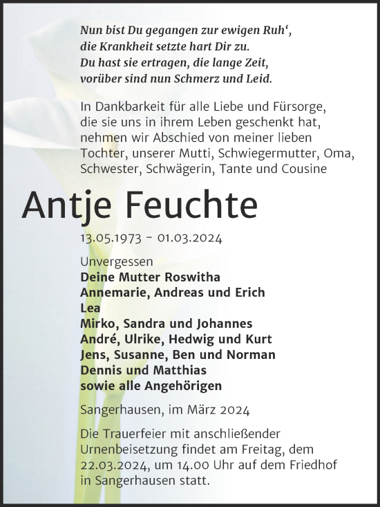 Traueranzeige von Antje Feuchte von Trauerkombi Sangerhausen