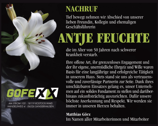 Traueranzeige von Antje Feuchte von Mitteldeutsche Zeitung Sangerhausen