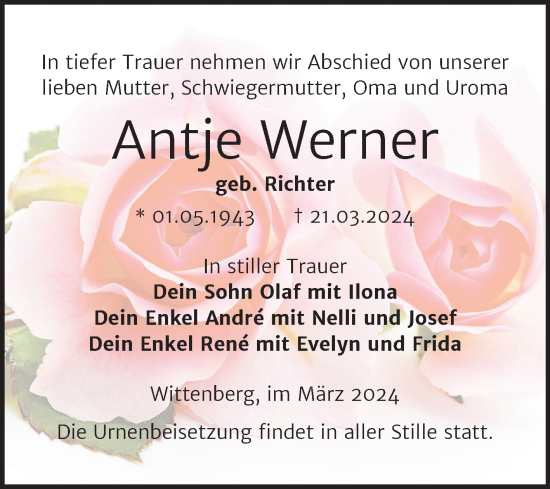 Traueranzeige von Antje Werner von Trauerkombi Wittenberg