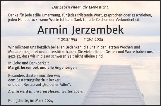 Traueranzeige von Armin Jerzembek von Volksstimme Wernigerode
