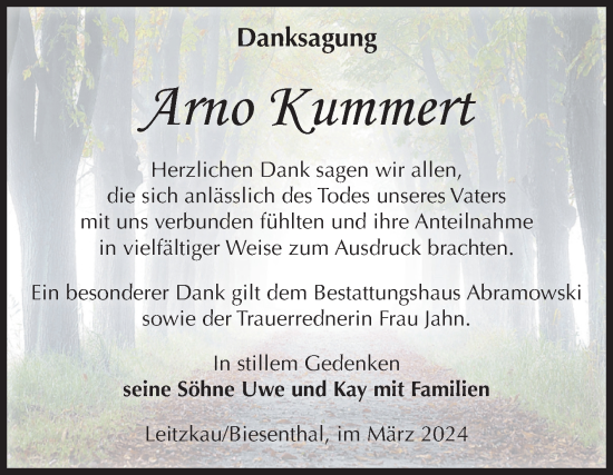 Traueranzeige von Arno Kummert von Volksstimme Zerbst
