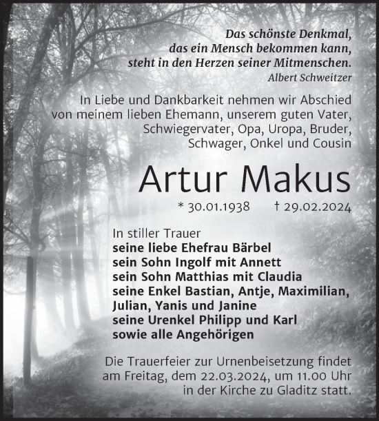 Traueranzeige von Artur Makus von Trauerkombi Zeitz