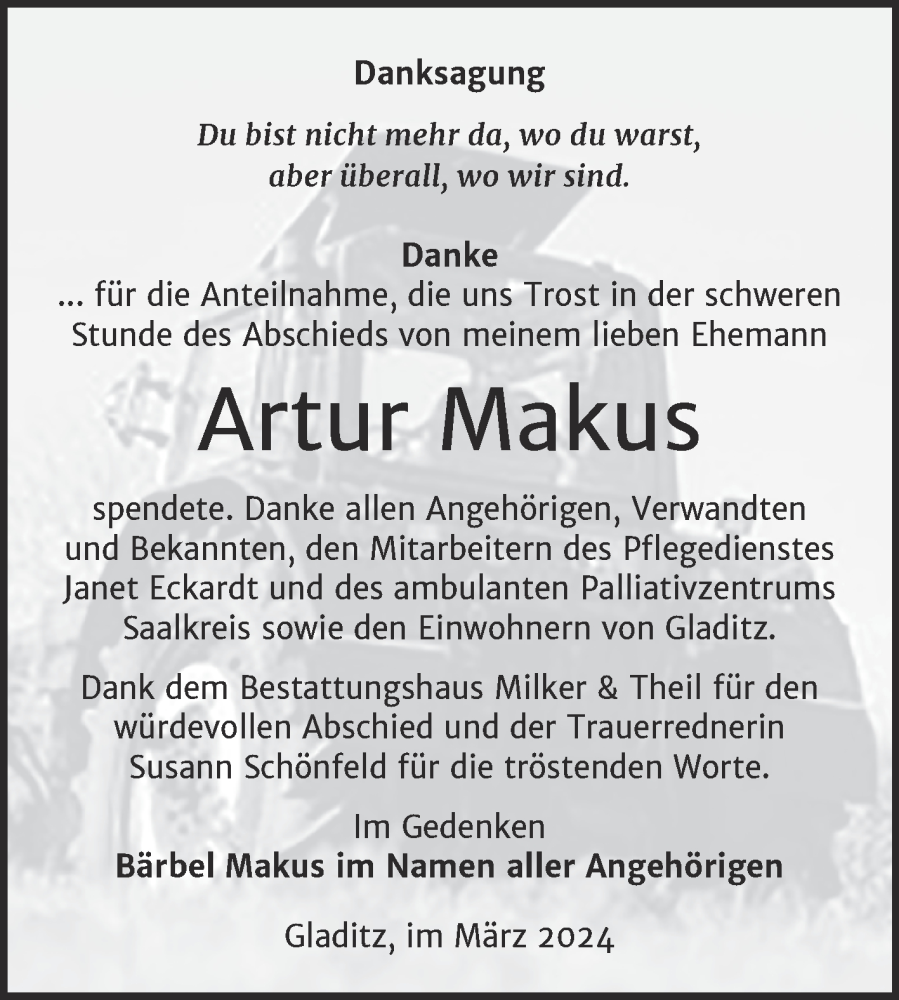  Traueranzeige für Artur Makus vom 30.03.2024 aus Trauerkombi Zeitz
