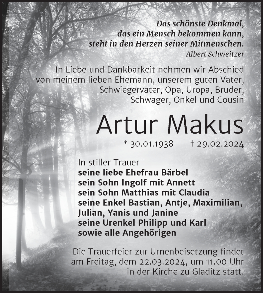  Traueranzeige für Artur Makus vom 09.03.2024 aus Trauerkombi Zeitz