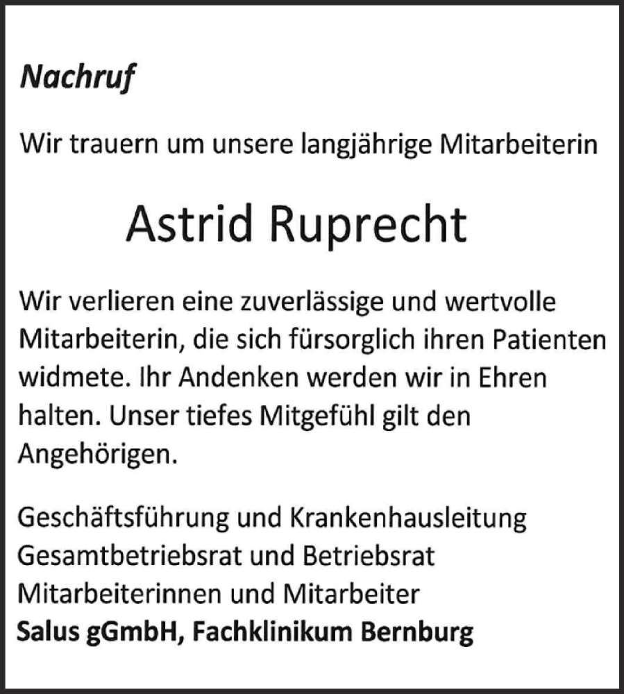  Traueranzeige für Astrid Ruprecht vom 23.03.2024 aus Super Sonntag Bernburg