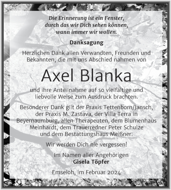 Traueranzeige von Axel Blanka von Trauerkombi Sangerhausen