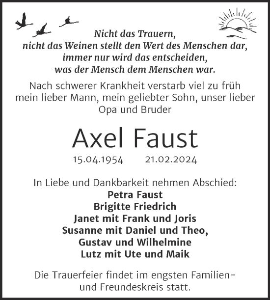 Traueranzeige von Axel Faust von Trauerkombi Wittenberg