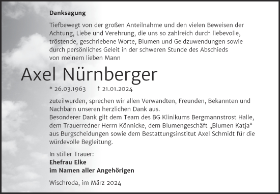 Traueranzeige von Axel Nürnberger von Super Sonntag Naumburg/Nebra