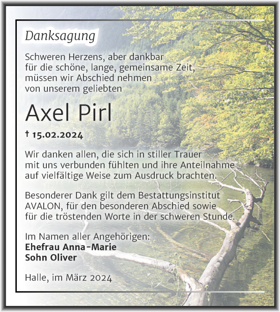 Traueranzeige von Axel Pirl von Mitteldeutsche Zeitung Halle/Saalkreis