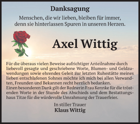 Traueranzeige von Axel Wittig von Volksstimme Burg/Genthin