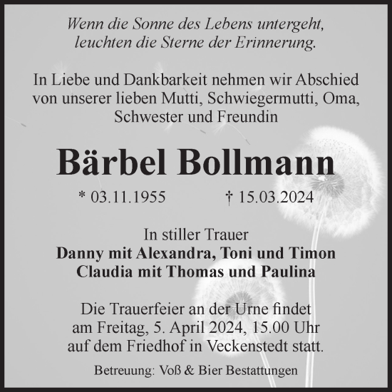 Traueranzeige von Bärbel Bollmann von Volksstimme Wernigerode