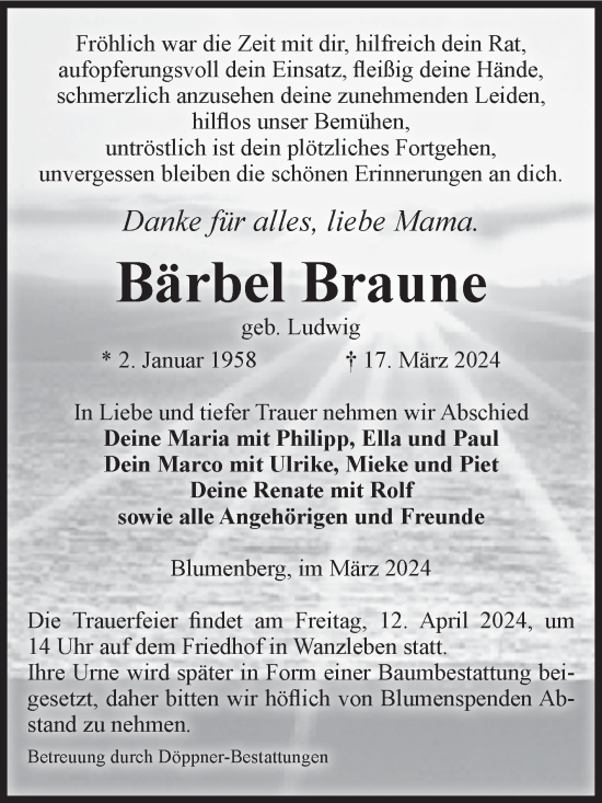 Traueranzeige von Bärbel Braune von Volksstimme Oschersleben/Wanzleben