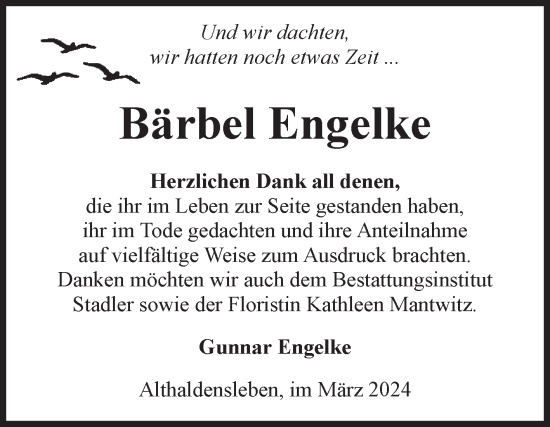 Traueranzeige von Bärbel Engelke von Volksstimme Haldensleben/Wolmirstedt