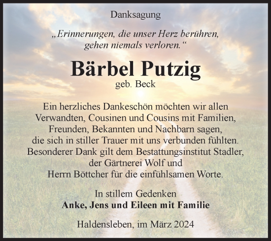 Traueranzeige von Bärbel Putzig von Volksstimme Haldensleben/Wolmirstedt