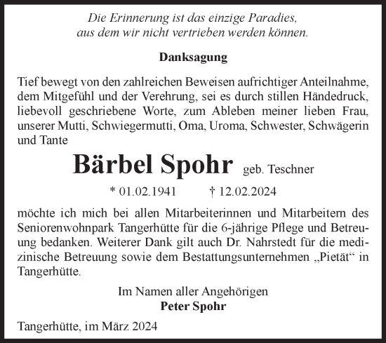 Traueranzeige von Bärbel Spohr von Volksstimme Altmark Ost