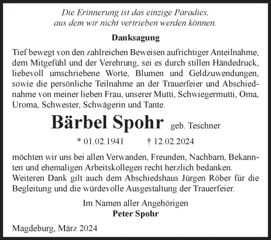 Traueranzeige von Bärbel Spohr von Volksstimme Magdeburg