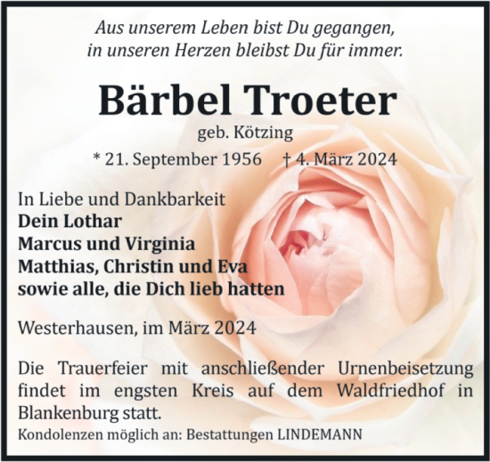 Traueranzeige von Bärbel Troeter von Volksstimme Wernigerode