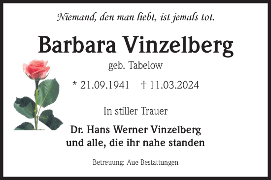 Traueranzeige von Barbara Vinzelberg von Volksstimme Magdeburg