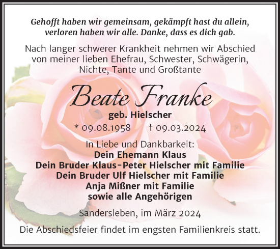 Traueranzeige von Beate Franke von Trauerkombi Mansfelder Land