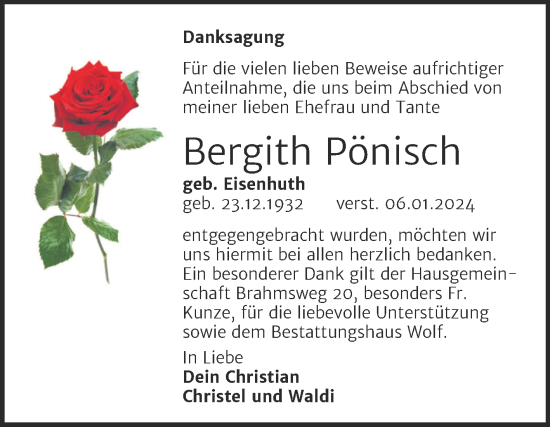 Traueranzeige von Bergith Pönisch von Trauerkombi Weißenfels