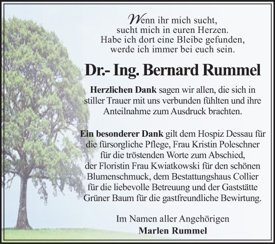 Traueranzeige von Bernard Rummel von Trauerkombi Dessau