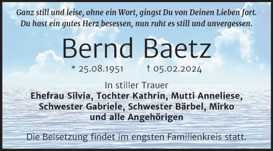 Traueranzeige von Bernd Baetz von Trauerkombi Merseburg