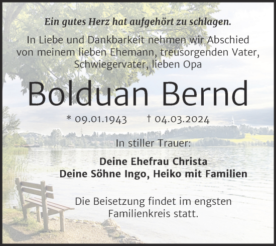 Traueranzeige von Bernd Bolduan von Trauerkombi Wittenberg