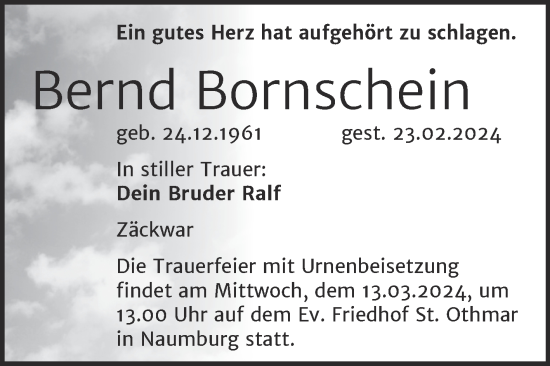 Traueranzeige von Bernd Bornschein von Naumburger Tageblatt